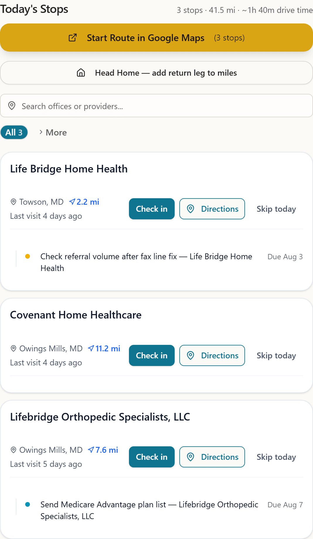 Today's Stops in FieldLiaison: three clinics with distances, last-visit ages and attached follow-up tasks, under a Start Route in Google Maps button.
